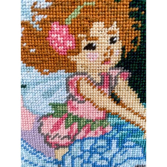 Vintage 1980s Finished Needlepoint picture Fairy Nymph Riding a Swan - Picture 10 of 15